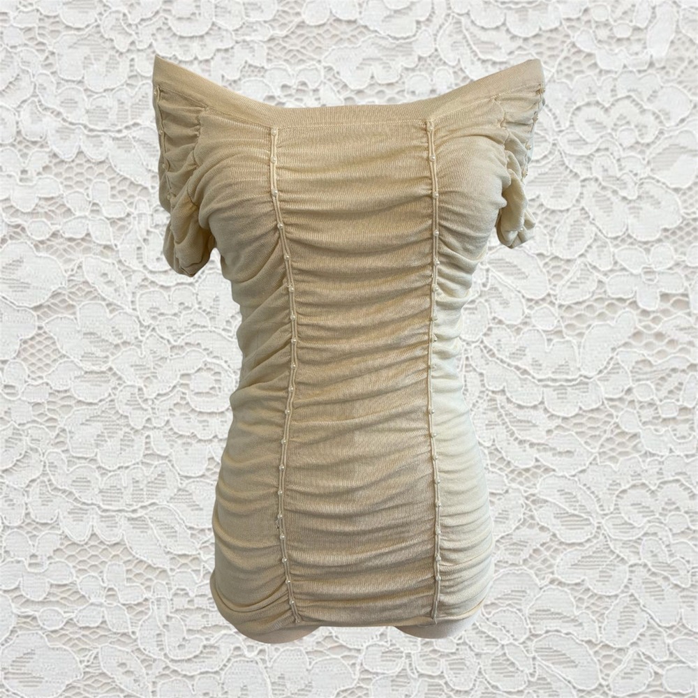 vintage guess silk ruched short sleeve top with pearl beads